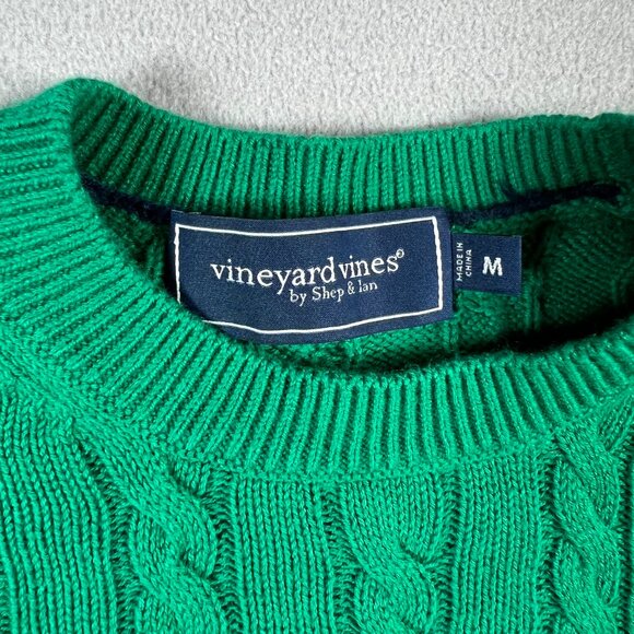 Vineyard Vines Sweater Womens Medium Green Cable Knit Cotton Cashmere Whale - Picture 2 of 6